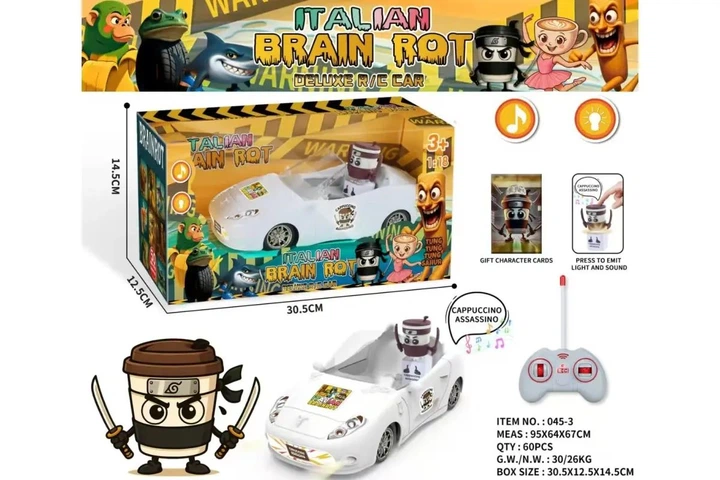 Радиоуправляемая машинка для детей Italian Brain Rot - Deluxe R/C Car "Cappuccino Assassino" с подсветкой и звуком, белая - Фото 2 Радиоуправляемая машинка для детей Italian Brain Rot - Deluxe R/C Car "Cappuccino Assassino" с подсветкой и звуком, белая - изображение 2
