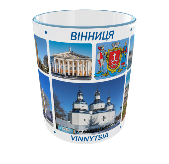 Сувенірна керамічна чашка з гербом та видами міста Вінниця 330 мл | Серія «Міста України» (блакитна ручка) - зображення 2