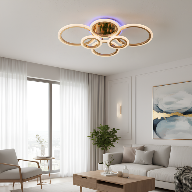 Потолочная LED люстра с пультом 112W+18W акриловые кольца и контурная подсветка 3000–6500K золотистая Svet SY-26255/2+2+2C FGD - изображение 4