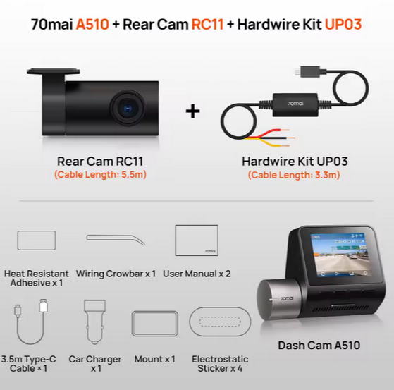Автомобильный видеорегистратор 70mai Dash Cam 4K A510 + Задняя камера RC11+ Парковочный кабель UP03 - изображение 2
