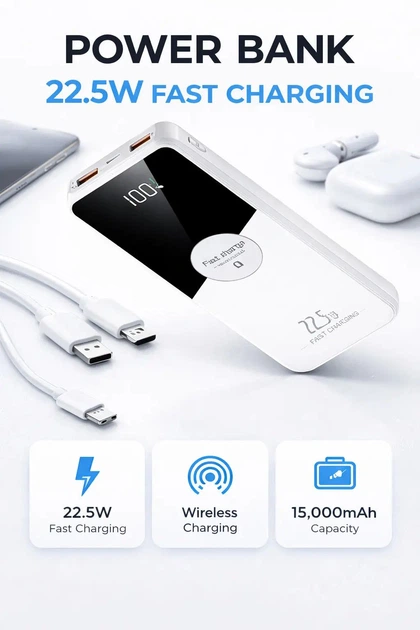 Повербанк 15000 мАг 22.5W USB-A, USB-C для зарядки до 3 пристроїв, з дисплеєм та бездротовою зарядкою, білий - зображення 2