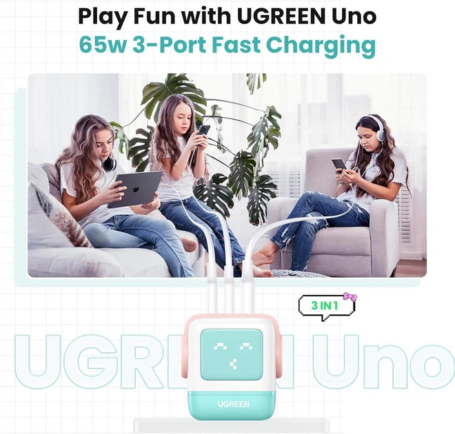 Зарядное устройство сетевое Ugreen Nexode Uno 65W USB C Charger Block Robot Design Pink/Blue (CD361) - Фото 3 Зарядное устройство сетевое Ugreen Nexode Uno 65W USB C Charger Block Robot Design Pink/Blue (CD361) - изображение 3