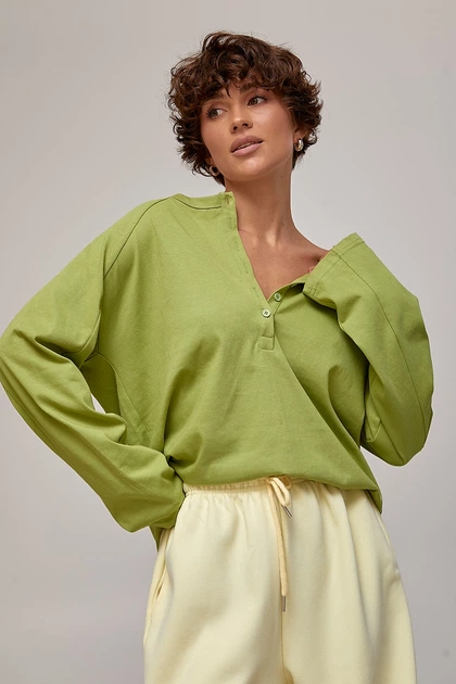 Вільний лонгслів з гудзиками на горловині Lurex Салатовий One Size (30936) - Фото 1 Вільний лонгслів з гудзиками на горловині Lurex Салатовий One Size (30936) - зображення 1