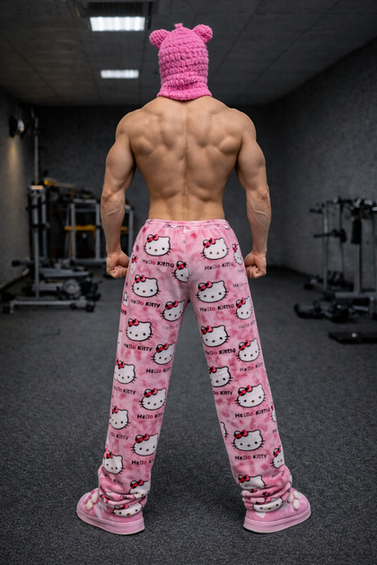Мужские плюшевые домашние штаны Hello Kitty Розовые — тёплые пижамные штаны с принтом XL - изображение 3