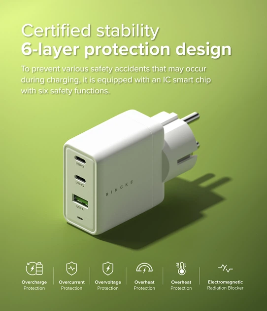 Сетевое зарядное устройство Ringke 65W GaN 3-Port Ground Fast Charging White (AP1062RS) - изображение 9