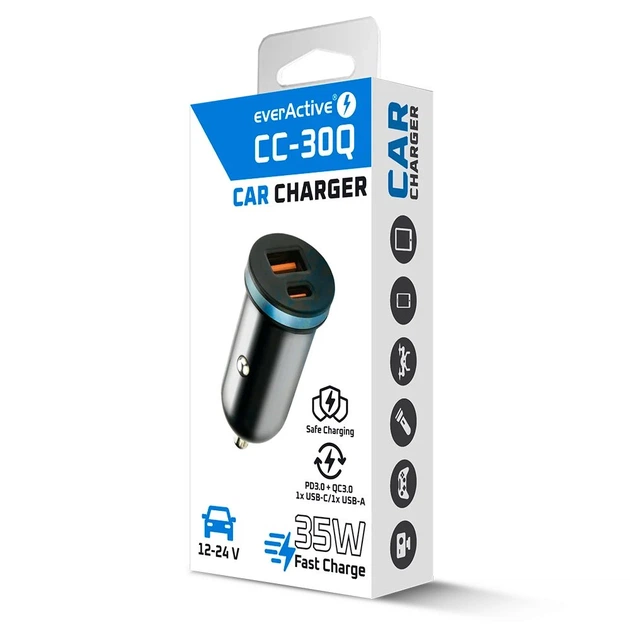 Автомобильная USB зарядка everActive CC-30Q, 12-24V, AFC/QC3.0/PD 35W, USB-A+USB-C, Box - Фото 7 Автомобильная USB зарядка everActive CC-30Q, 12-24V, AFC/QC3.0/PD 35W, USB-A+USB-C, Box - изображение 7