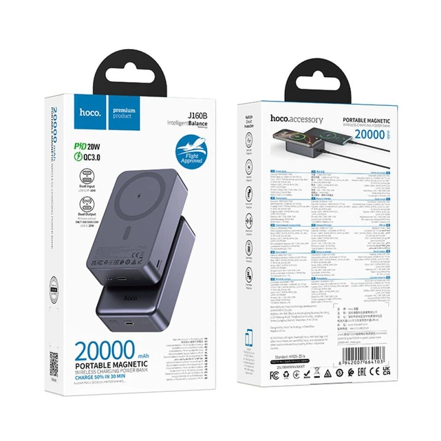 Павербанк Hoco 20000mAh 20W Павербанк Hoco J160B Original зі швидкою та бездротовою зарядкою PD/QC3.0, Портативний зовнішній акумулятор, порти Type-C/ Lightning, LED-індикатор Сірий - зображення 9