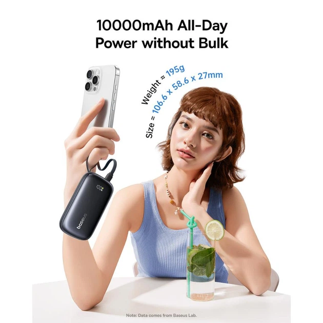 Павербанк Baseus 10000mAh 22.5W Павербанк Baseus EnerFill FC21 Qpow 3 Ultra зі швидкою зарядкою, Портативний зовнішній акумулятор, порти USB/Type-C/Lightning, LED-дисплей, кабель Type-C to Lightning (E0027L00) Чорний - зображення 8