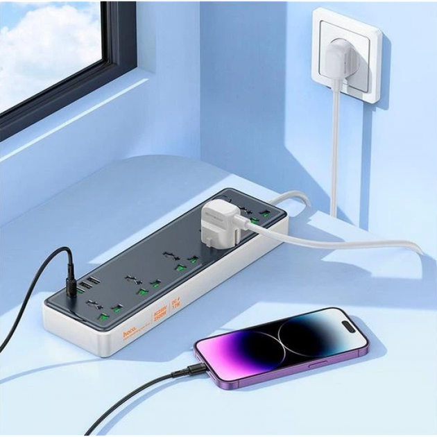 Сетевое зарядное устройство удлинитель Hoco AC13A 5x220V+3хUSB+1хType-C 2500W DC17W 1.5 м EU Черный с белым - изображение 2