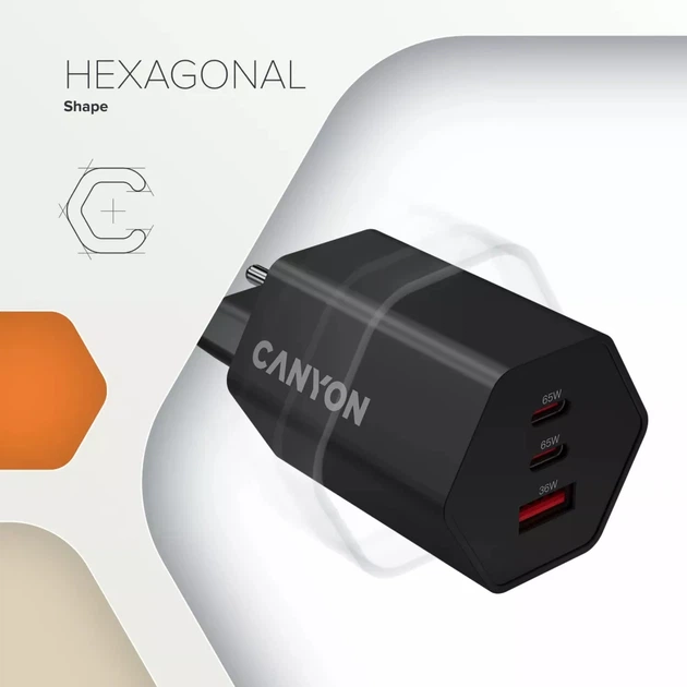 Зарядний пристрій Canyon HEXAGON 65 GaN 65W 2xPD 1xQC EU Black (CND-CHAHEX65B) - Фото 6 Зарядний пристрій Canyon HEXAGON 65 GaN 65W 2xPD 1xQC EU Black (CND-CHAHEX65B) - зображення 6