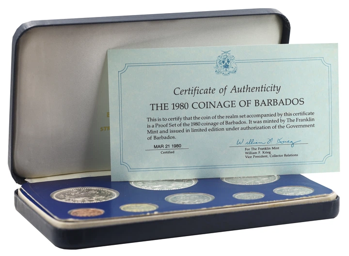 Набор монет Барбадос набор из 8 монет 1980 Proof 1, 5, 10, 25 центов, 1, 2, 5, 10 (серебро) долларов - изображение 3