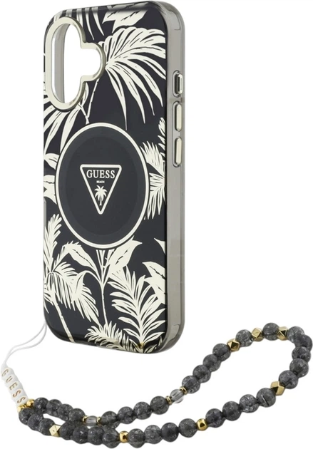 Etui Guess Palm Trees Triangle With Pearl Strap MagSafe do Apple iPhone 16 Black (GUHMP16SHPCTPLSK) - obraz 5