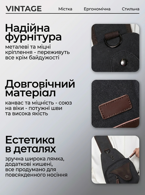 Сумка через плечо текстильная Vintage 20077 Черная - Фото 3 Сумка через плечо текстильная Vintage 20077 Черная - изображение 3