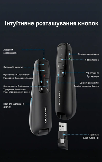 Презентер Vention USB-A / USB-C с аэромышью, красный лазер, аккумуляторный, 50 м Черный (KQPB0) - изображение 15