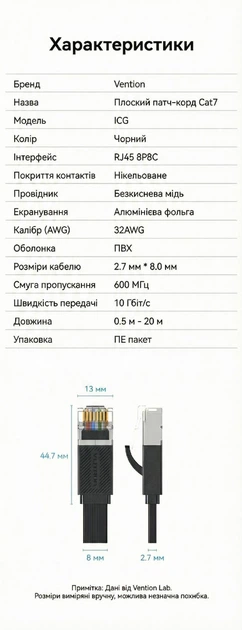 Патч-корд Vention Cat7 FTP RJ45 плоский 10 Гбит/с 8 м Черный (ICGBK) - Фото 10 Патч-корд Vention Cat7 FTP RJ45 плоский 10 Гбит/с 8 м Черный (ICGBK) - изображение 10