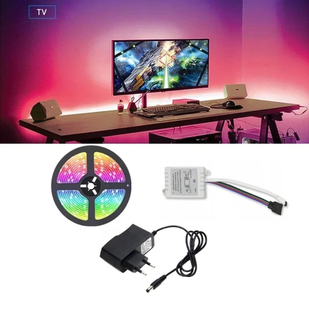 Світлодіодна LED стрічка RGB 5 м 220 В з пультом для підсвітки кімнати - зображення 3