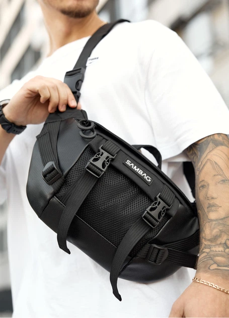 Велика чоловіча сумка бананка Sambag DynamicDart чорна тканева 38 × 21 × 7 см (80411701m) - зображення 2
