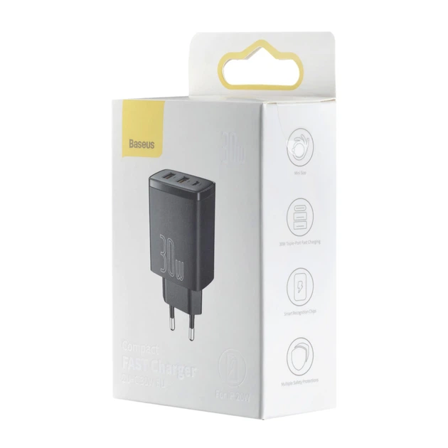 Зарядное устройство Baseus Compact Quick Charger 30W USB Type-A Type-C черное противоударное - изображение 2