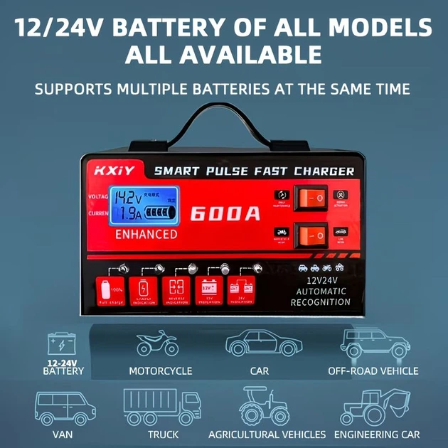 Зарядний пристрій для акумуляторів Kxiy 12V/24V, Розумний автоматичний зарядний пристрій з LCD-дисплеєм, імпульсним відновленням, захистом від перезаряджання, універсально сумісний з усіма видами акумуляторів, 6-400Ah для різних транспортних засобів. - изображение 5