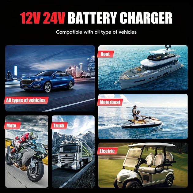 Зарядний пристрій для акумуляторів Kxiy 12V/24V, Розумний автоматичний зарядний пристрій з LCD-дисплеєм, імпульсним відновленням, захистом від перезаряджання, універсально сумісний з усіма видами акумуляторів, 6-400Ah для різних транспортних засобів. - изображение 6