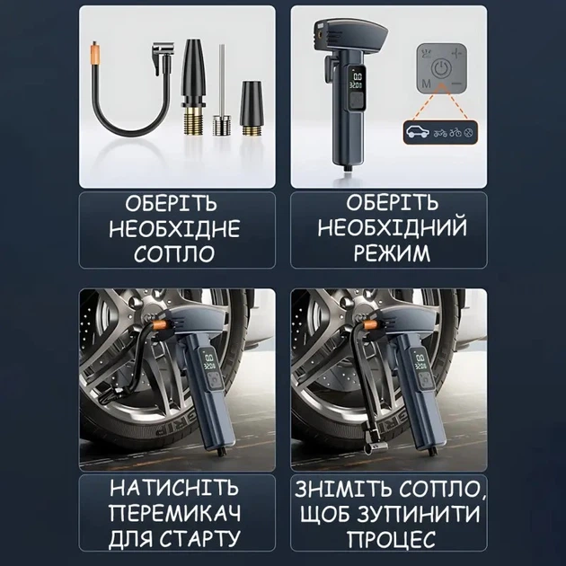 Аккумуляторній автокомпрессор с цифровым дисплеем и функцией повербанк Usams U201 3-режима фонарь - изображение 4