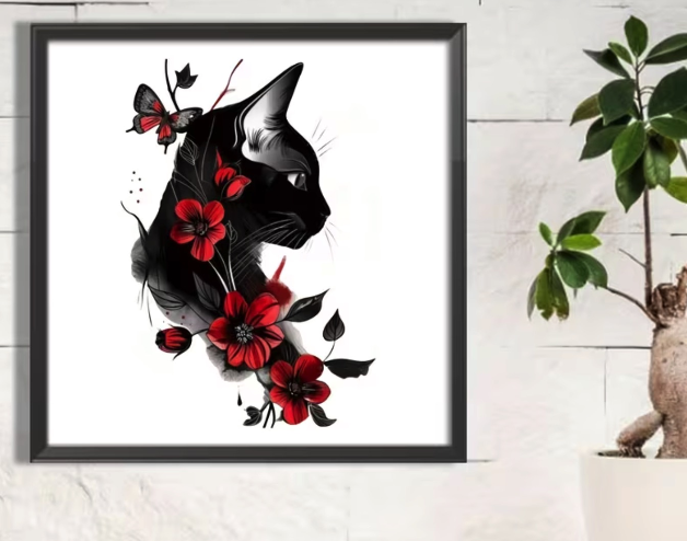 Набор для вышивания по нанесённой на канву схеме "Black Cat Red Flowers".AIDA 11CT printed, 36*36 см - изображение 3