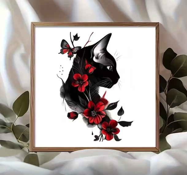 Набор для вышивания по нанесённой на канву схеме "Black Cat Red Flowers".AIDA 11CT printed, 36*36 см - изображение 4