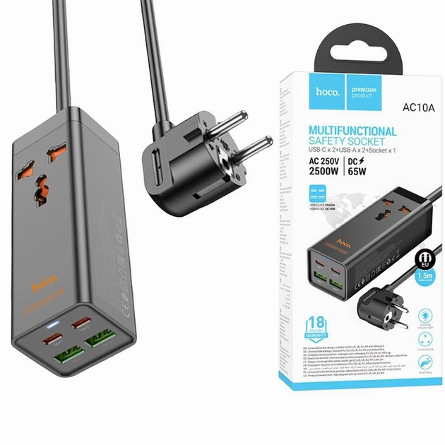 Сетевой фильтр Hoco AC10A с USB Type-C для зарядки ноутбуков и смартфонов мощность 2500W черный 1.5 м - изображение 4