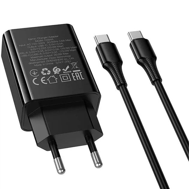 СЗУ Hoco CS94A Leader PD20W+QC3.0 charger set(C to C)(EU) Black - изображение 3