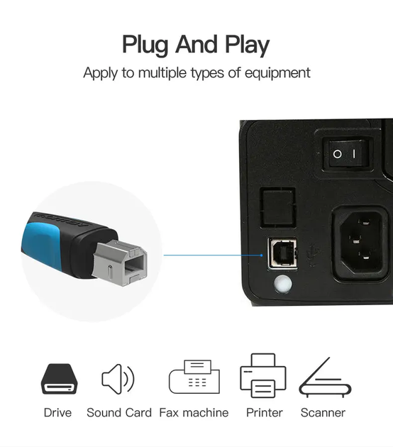 Кабель Vention USB type А 2.0 — USB type B для принтерів, БФП 2.0 480 Мбіт/с 2 A 1 м Black (VAS-A16-B100) - зображення 5