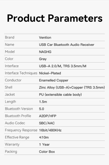 Bluetooth-ресивер Vention Bluetooth 5.0 AUX 3.5 мм 2 в 1 автомобильный аудиоадаптер (NAGHG) - изображение 2