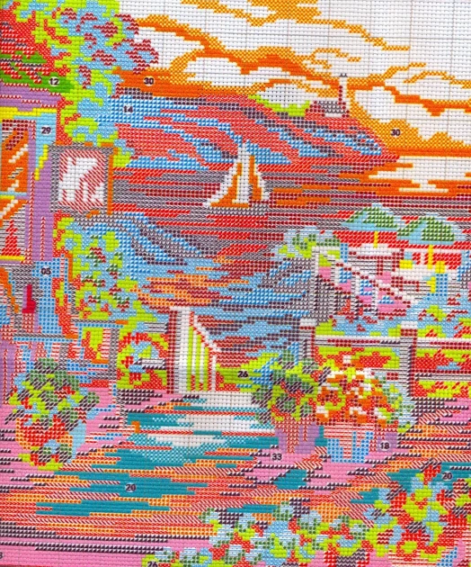 Набор для вышивания по нанесённой на канву схеме "Terrace with blooming flowers".AIDA 14CT printed , 44*33 см - изображение 7