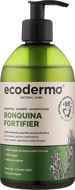 Шампунь Ecoderma для укріплення та стимуляції росту волосся з розмарином та хіною Ronquina Fortifier 500 мл - Фото 1 Шампунь Ecoderma для укріплення та стимуляції росту волосся з розмарином та хіною Ronquina Fortifier 500 мл - зображення 1