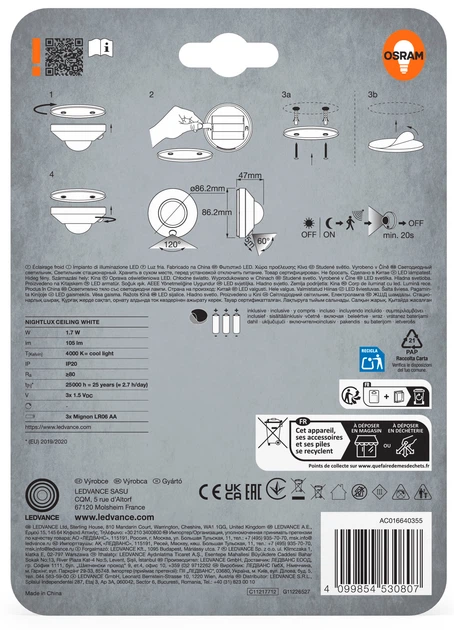 Ночник OSRAM NIGHTLUX CEILING с датчиком движения и освещенности на батарейках - изображение 3
