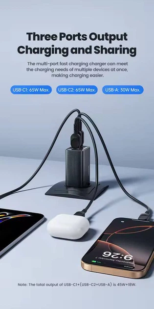 Швидкий Мережевий зарядний пристрій Toocki 65W GaN 1 USB + 2 Type-C PD3.0 QC Швидка Зарядка Power Delivery 3.0 Quick Charge - зображення 4