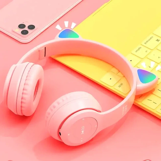 Бездротові Bluetooth навушники накладні з котячими вушками та підсвічуванням Cat Miu Star P47 рожеві дитячі - зображення 5