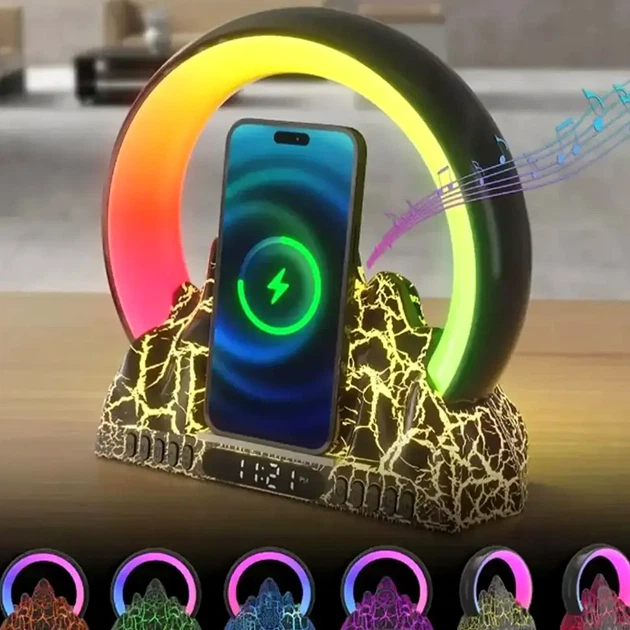Настільна лампа нічник з бездротовою зарядкою світлодіодна RGB акумуляторний білий AD-2272 з колонкою та будильником - зображення 2