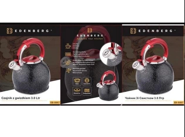 Чайник со свистком Edenberg EB-8867 3 л черный с красной ручкой - изображение 3