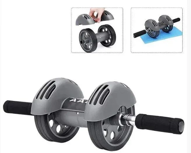 Тренажер гимнастический ролик для живота, ног и плеч, Power Stretch Rolle 16 см, с автовозратом и ковриком, серый - изображение 2
