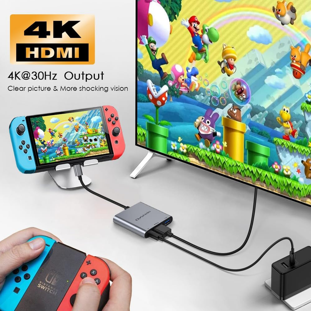Портативная док-станция Onshida 3в1 USB-C HDMI адаптер 4K 100W для Nintendo Switch MacBook серый - Фото 2 Портативная док-станция Onshida 3в1 USB-C HDMI адаптер 4K 100W для Nintendo Switch MacBook серый - изображение 2