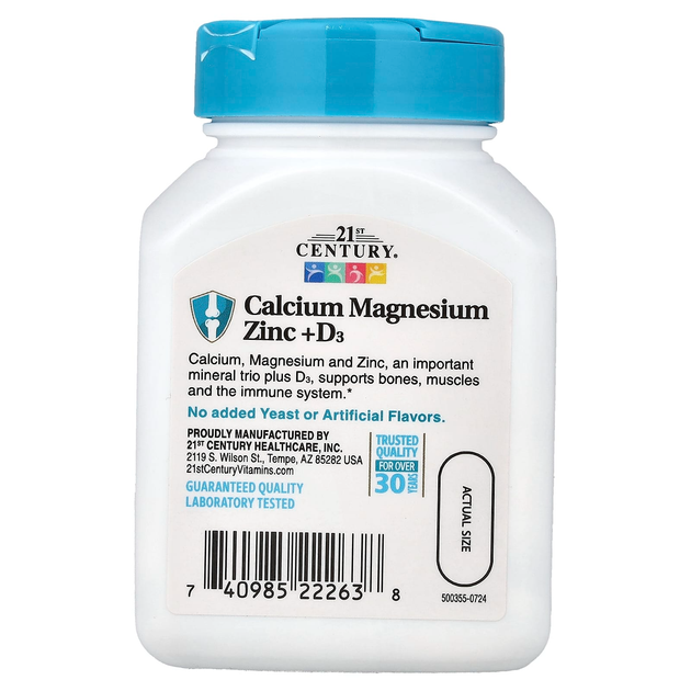 Кальций, магний, цинк и Д3 21st Century "Calcium, Magnesium, Zinc + D3" комплекс микроэлементов для здоровья костей, мышц и имунной системы, 1000 мг / 400 мг / 15 мг / 400 МЕ (90 таблеток) - Фото 3 Кальций, магний, цинк и Д3 21st Century "Calcium, Magnesium, Zinc + D3" комплекс микроэлементов для здоровья костей, мышц и имунной системы, 1000 мг / 400 мг / 15 мг / 400 МЕ (90 таблеток) - изображение 3
