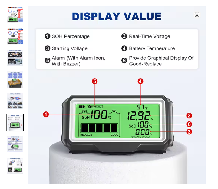 Індикатор стану акумулятора ANCEL BM200 PRO 12V - зображення 6