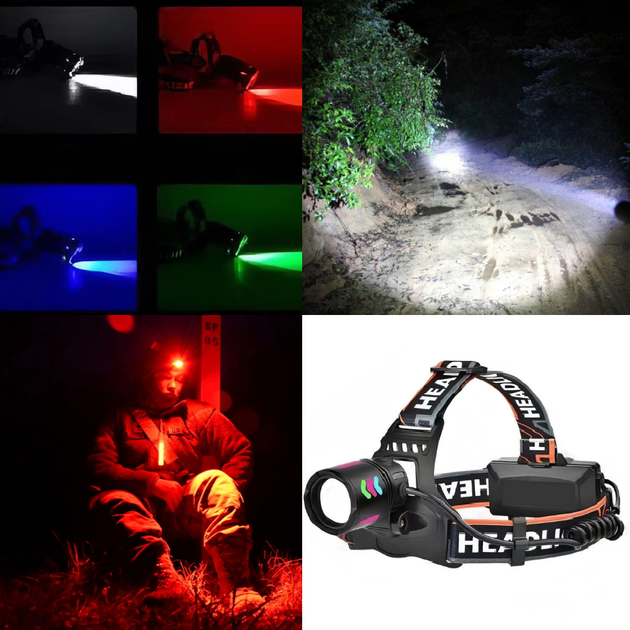 Ліхтар налобний RGB 4 кольори білий, червоний, зелений, синій USB - зображення 2