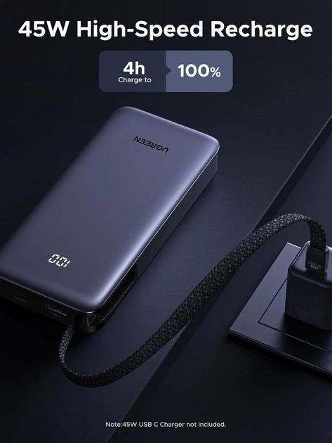 Повербанк UGREEN 20000mAh 45W з вбудованим кабелем USB-C, швидка зарядка PD 3.0, PPS, 2C1A - зображення 6