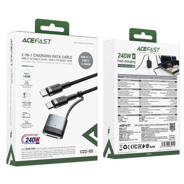 Кабель ACEFAST C22-05 USB-C USB-C / магнитный кабель для зарядки и передачи данных из алюминиевого сплава, черный - Фото 2 Кабель ACEFAST C22-05 USB-C USB-C / магнитный кабель для зарядки и передачи данных из алюминиевого сплава, черный - изображение 2