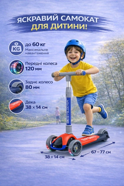 Самокат детский трехколесный для детей 3-6 лет светящиеся светодиодные полиуретановые PU колеса бесшумные складной регулируемый по высоте руль с наклоном управления усиленная рама широкая противоскользящая дека до 60 кг для девочки и мальчика красный - изображение 2