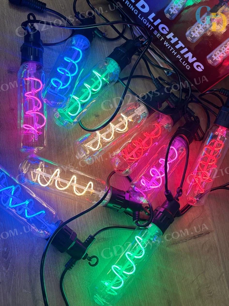 Гирлянда SFK-48 LED 220 V — удлинённые спиральные лампы, уличная и комнатная иллюминация, чёрный провод, мультиколор - изображение 2