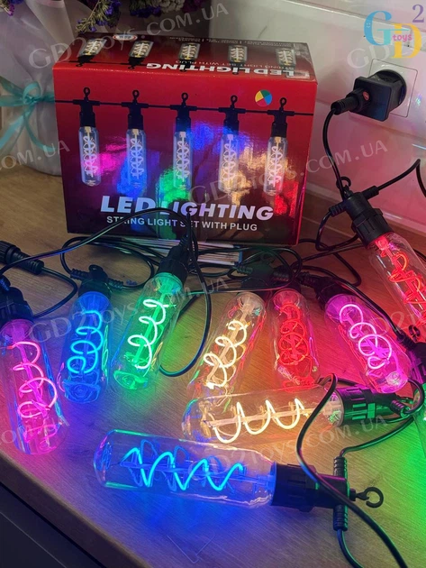 Гирлянда SFK-48 LED 220 V — удлинённые спиральные лампы, уличная и комнатная иллюминация, чёрный провод, мультиколор - изображение 5