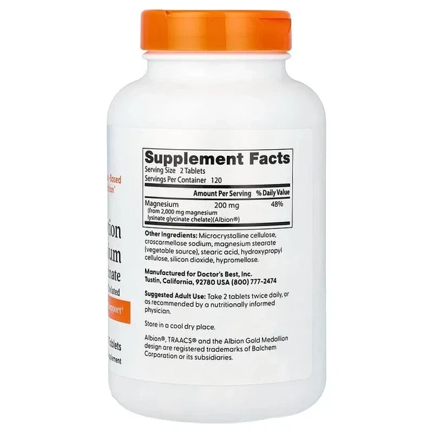 Магній, High Absorption Magnesium 100% Chelated, Doctor's Best, 100 мг, 240 таблеток - зображення 2