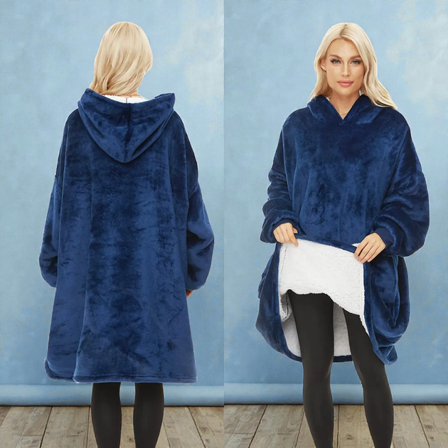 Плед-толстовка Huggle Hoodie Синий теплый плед-халат с капюшоном и рукавами - изображение 3